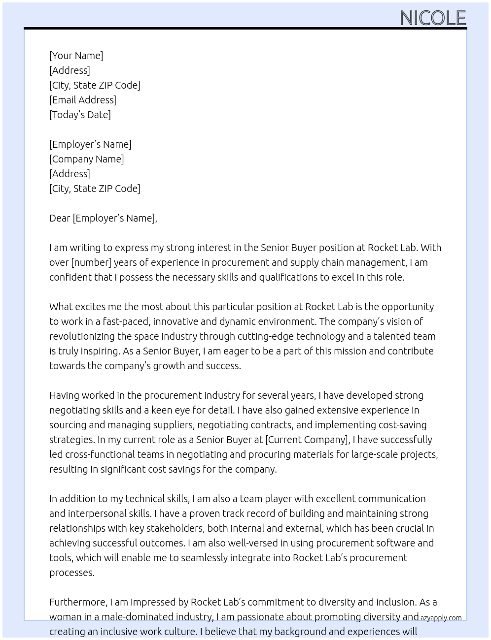 Senior Buyer At Rocket Lab Cover Letter