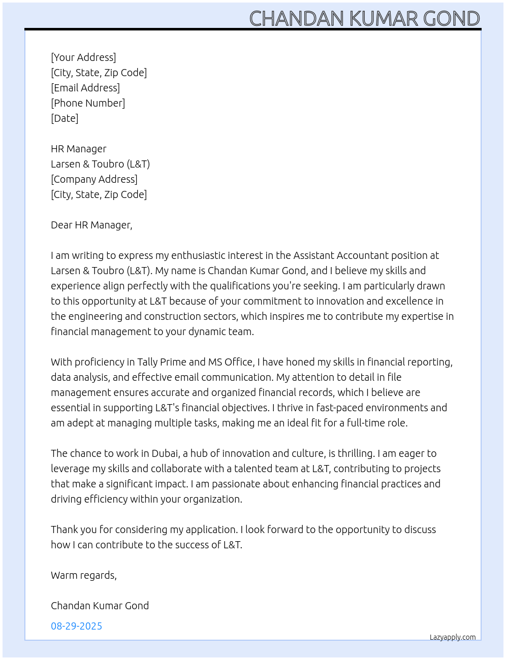 Assistant Accountant At larsen & toubro (L&T) Cover Letter