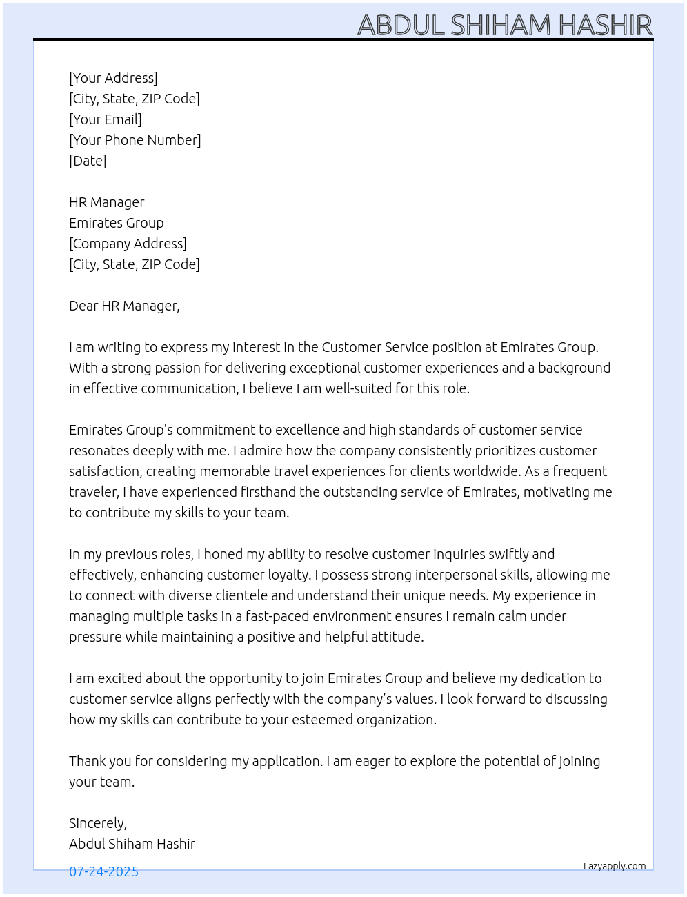 customer service At EMIRATES GROUP Cover Letter
