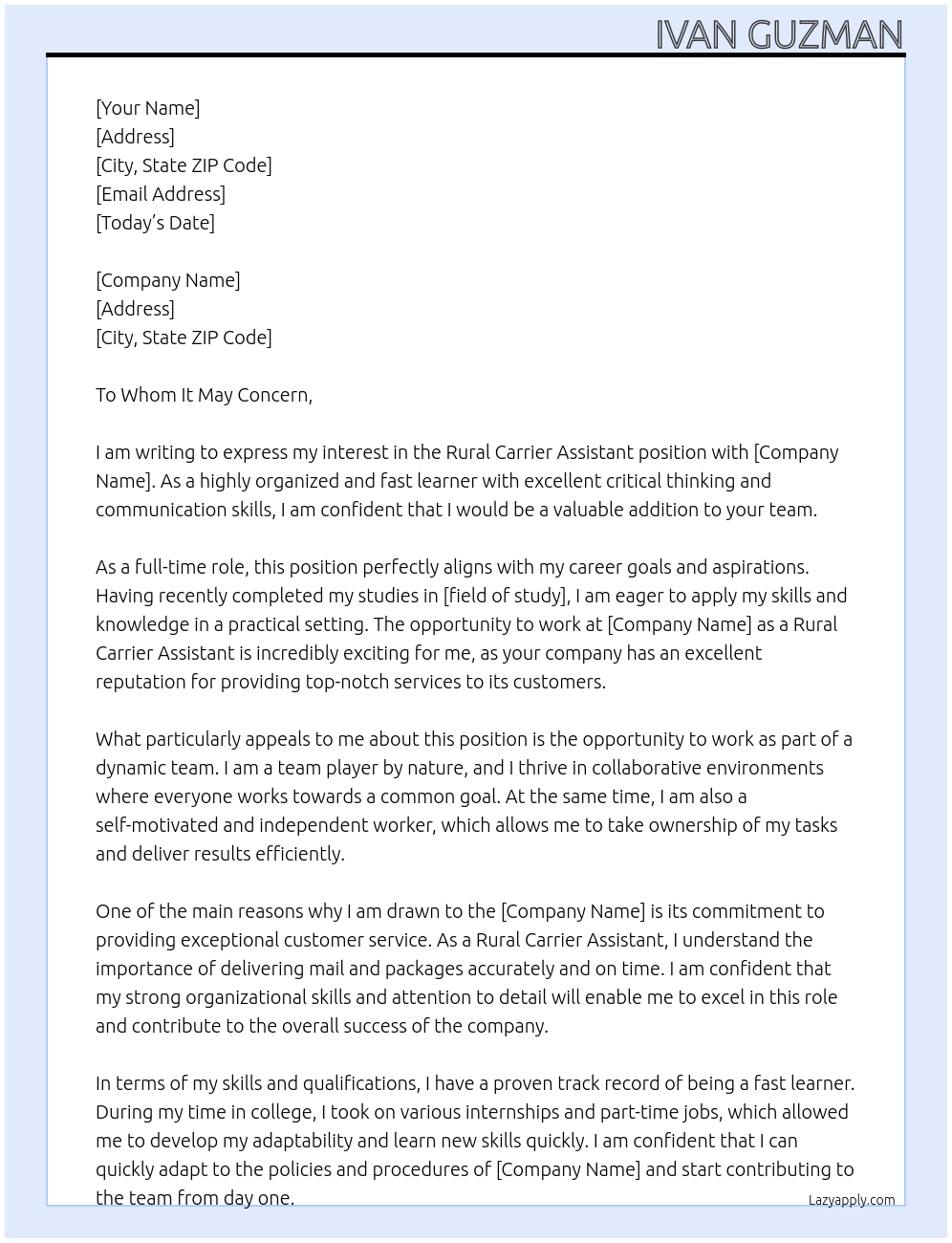 rural carrier assistant At post office Cover Letter