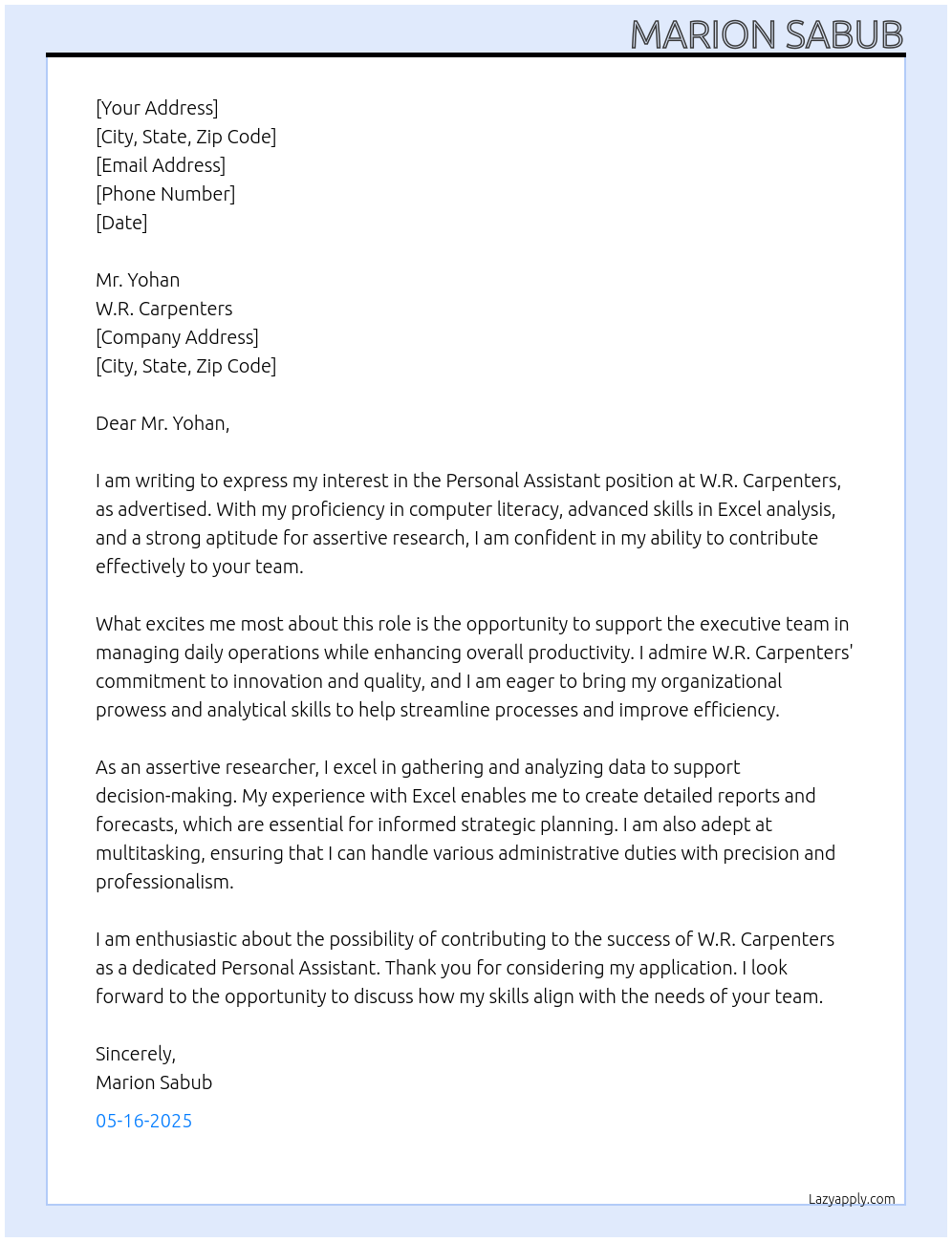 Cover letter for personal assistan - LazyApply