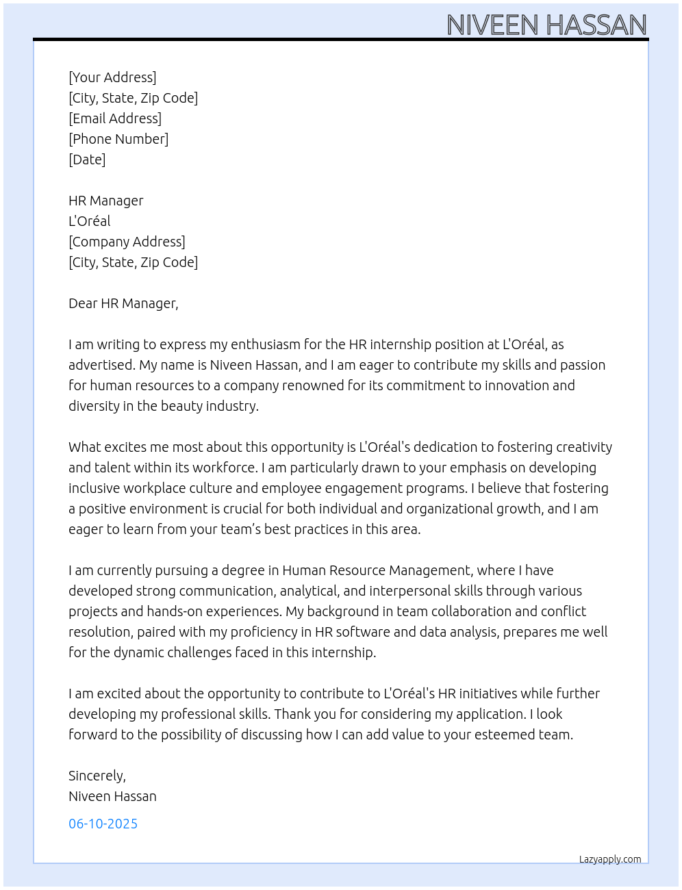 hr internship At l'Oreal Cover Letter