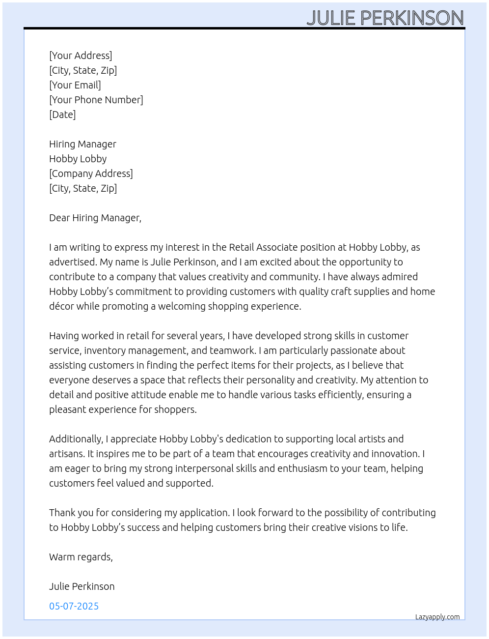 Retail Associate  At Hobby Lobby Cover Letter