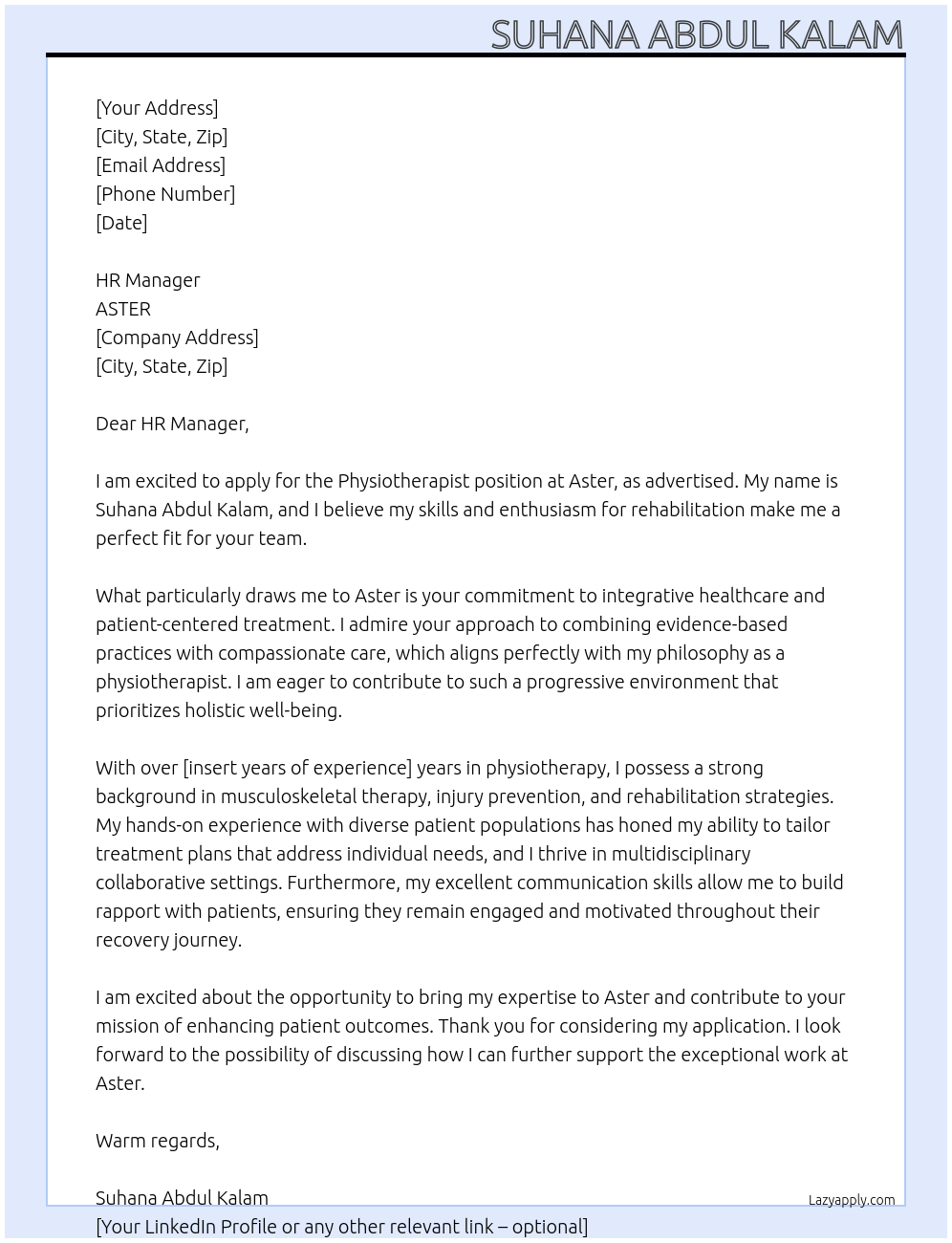 physiotherapist At ASTER Cover Letter