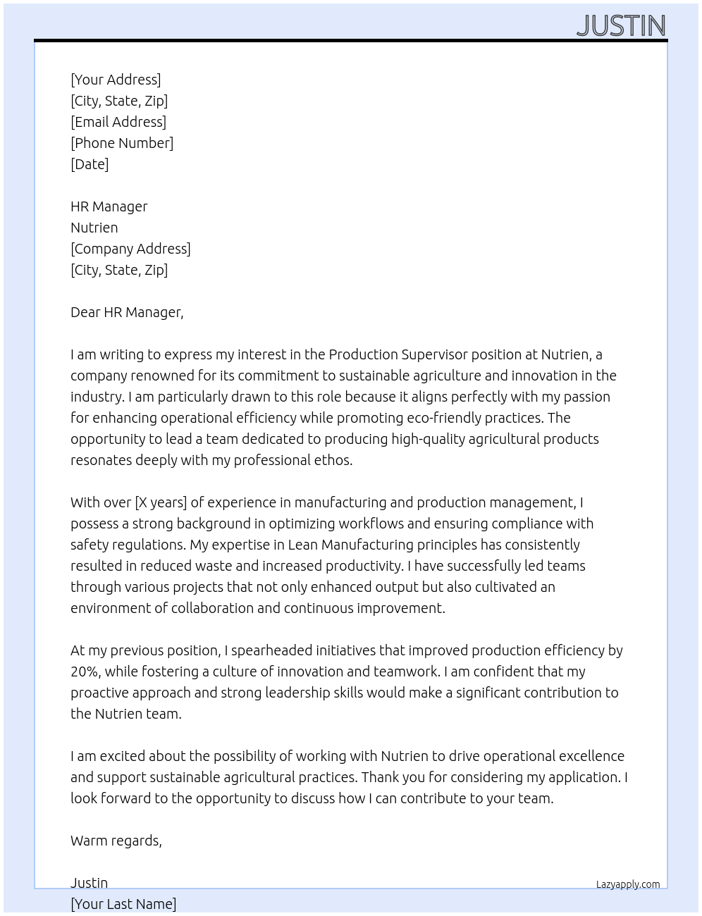 Production Supervisor At Nutrien Cover Letter