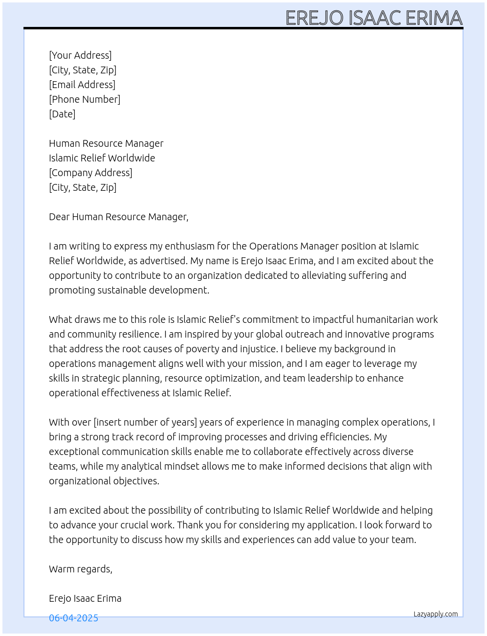 Operations Manager At Islamic Relief World wide Cover Letter