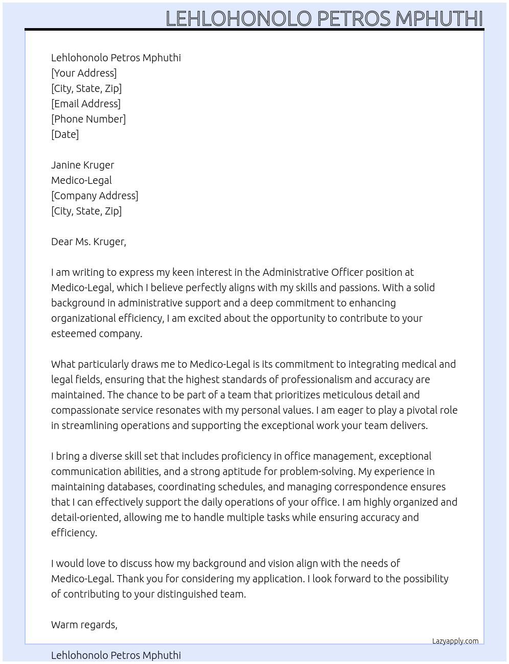 Administrative Officer At Medico-Legal Cover Letter