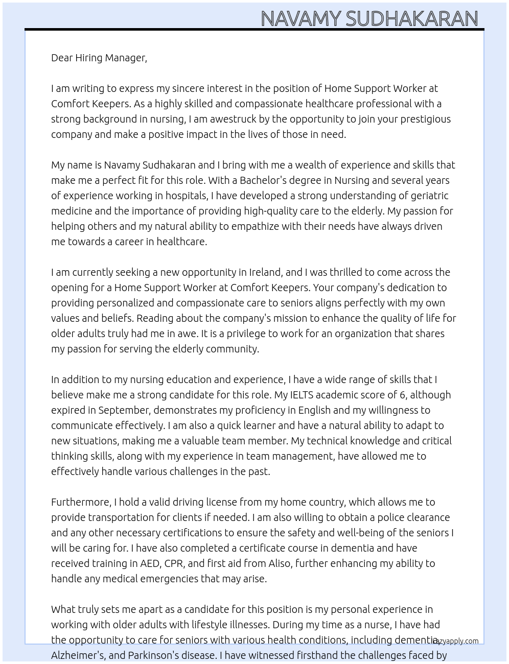 Home support worker  At Comfort keepers  Cover Letter