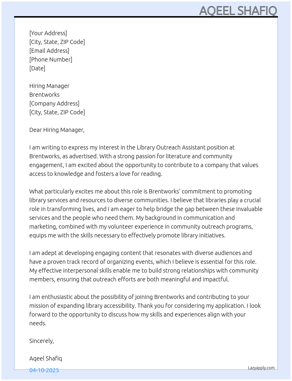 Cover letter for library outreach assistant - LazyApply