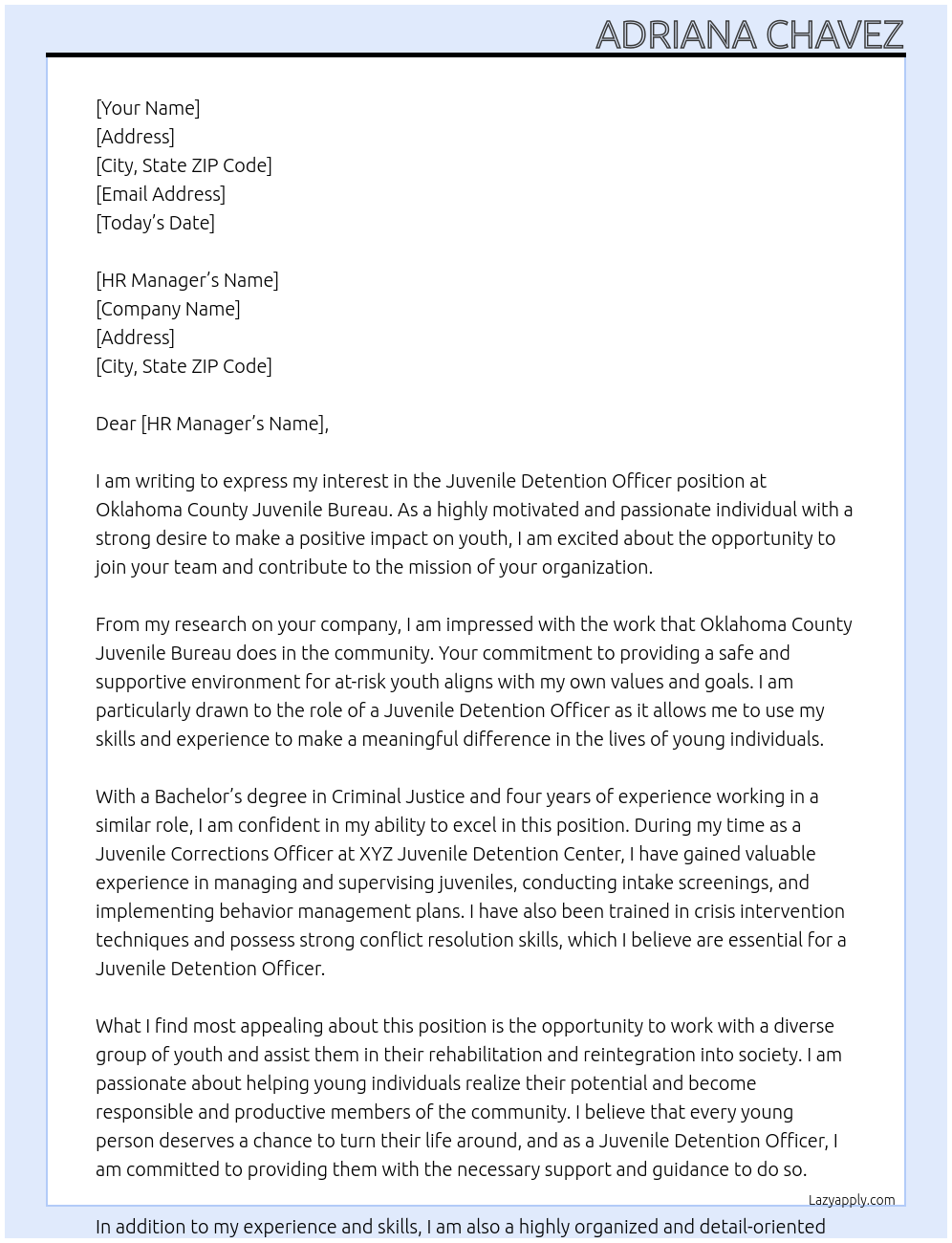 Cover letter for juvenile detention officer - LazyApply