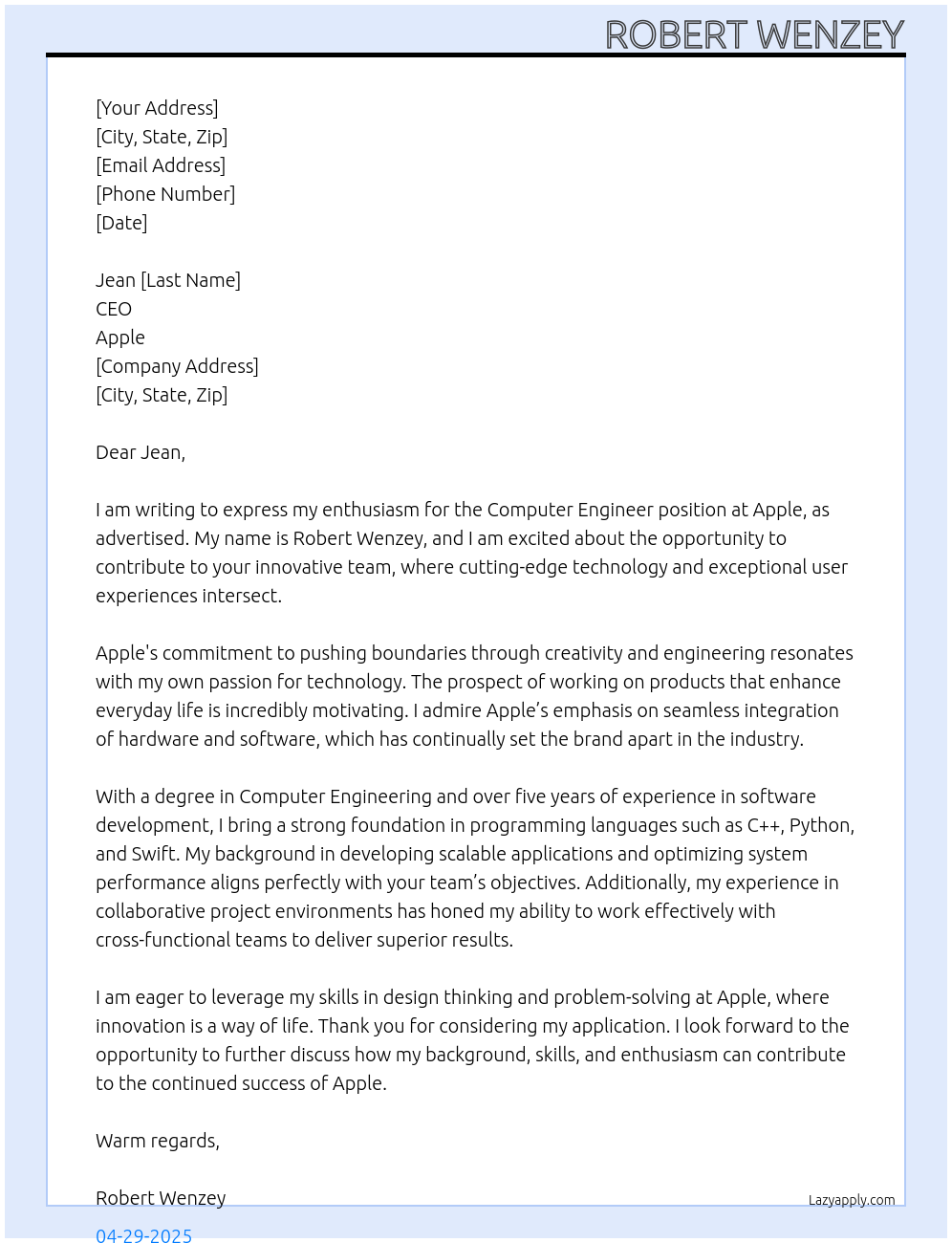 computer engineer At APPLE Cover Letter