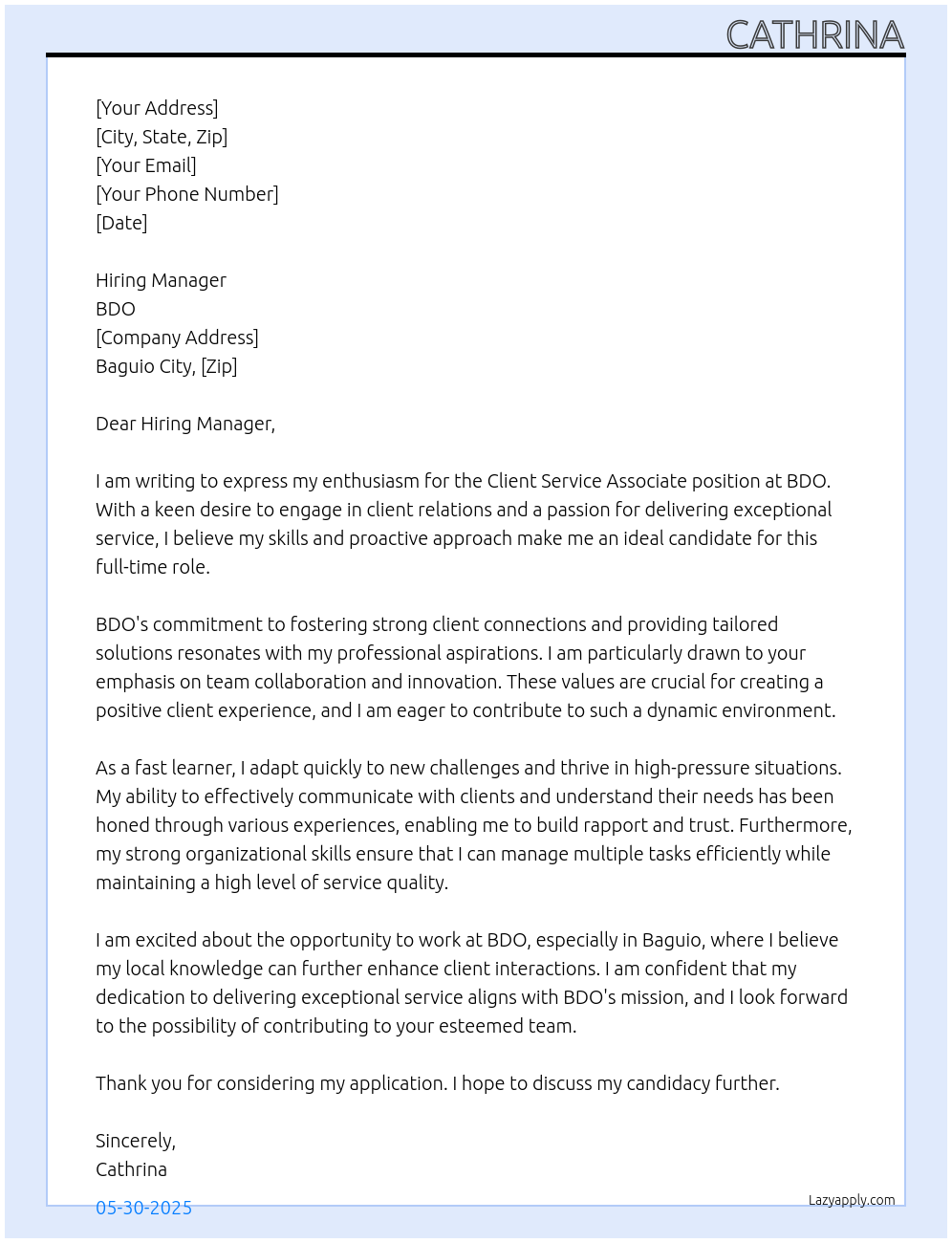 client service association At bdo Cover Letter