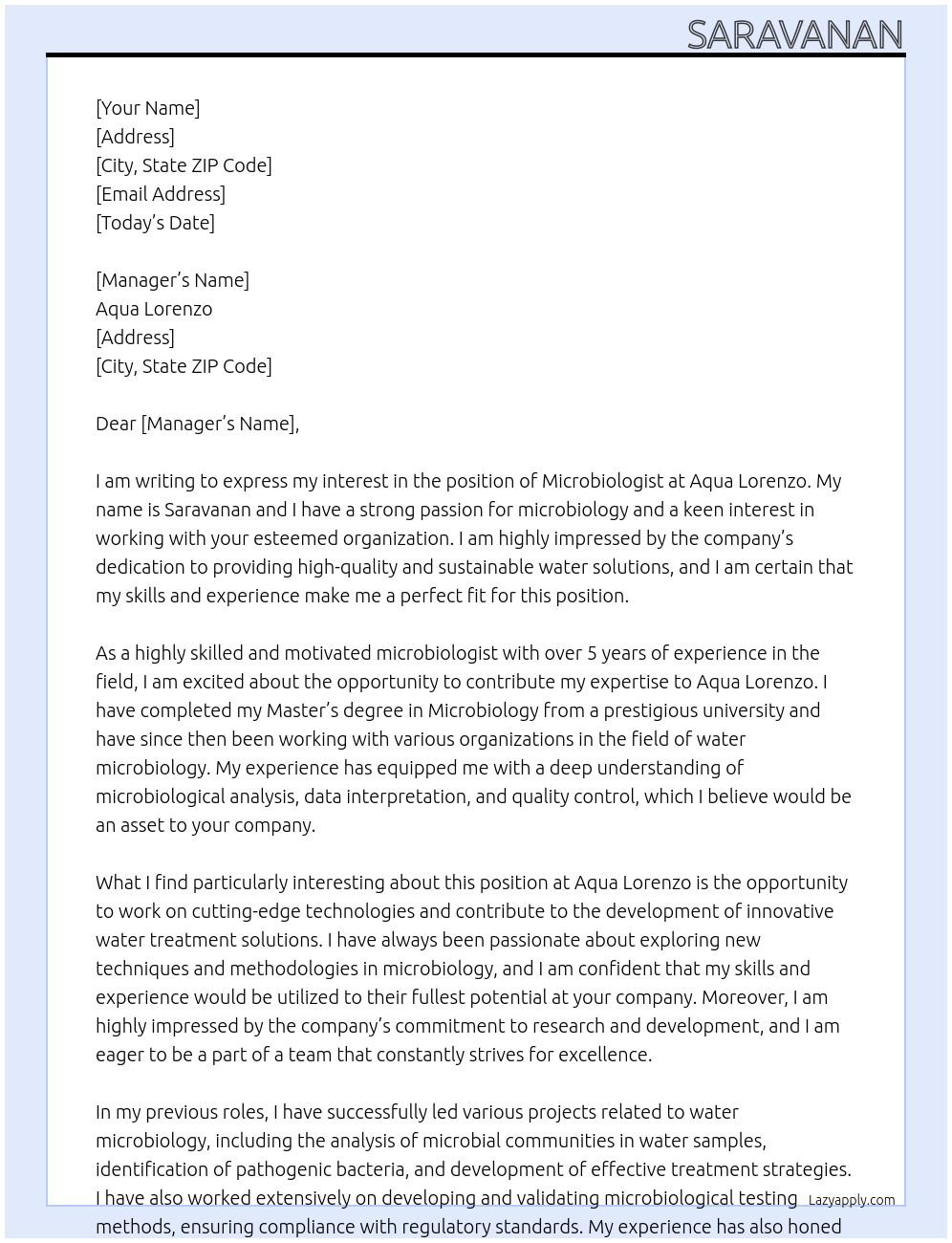 Microbiologist At Aqua Lorenzo Cover Letter