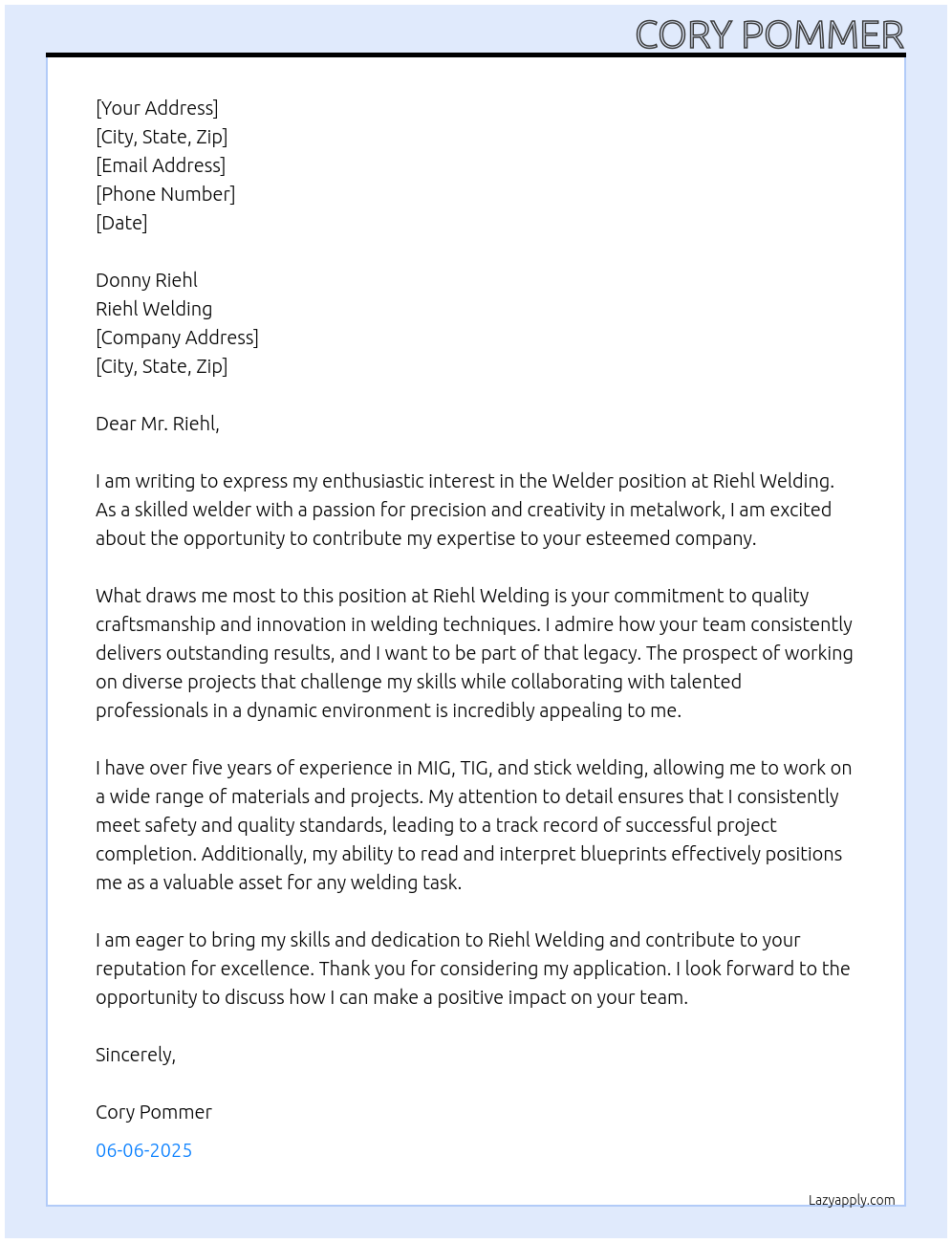 Welder At Riehl welding Cover Letter