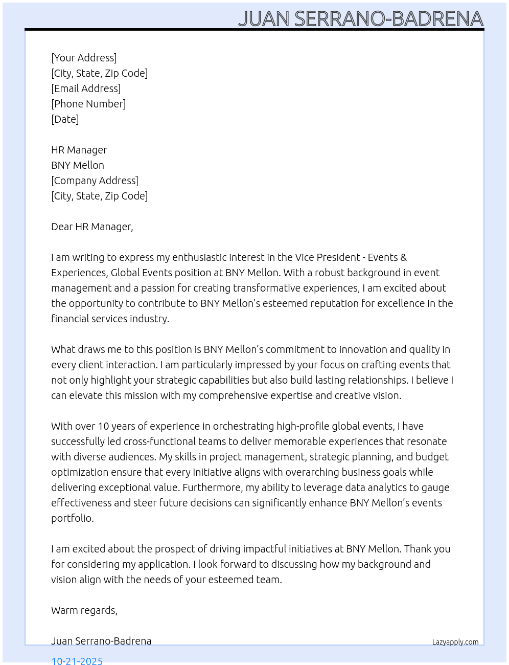 Vice President- Events & Experiences, Global Events At BNY Mellon Cover Letter