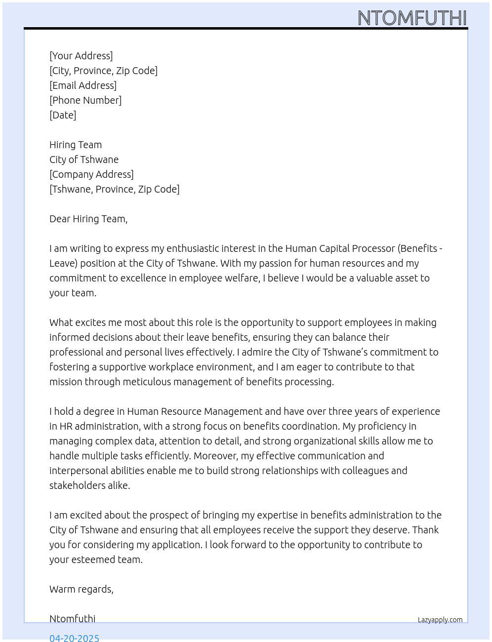 HUMAN CAPITAL PROCESSOR (BENEFITS - LEAVE) At City f Tshwane Cover Letter