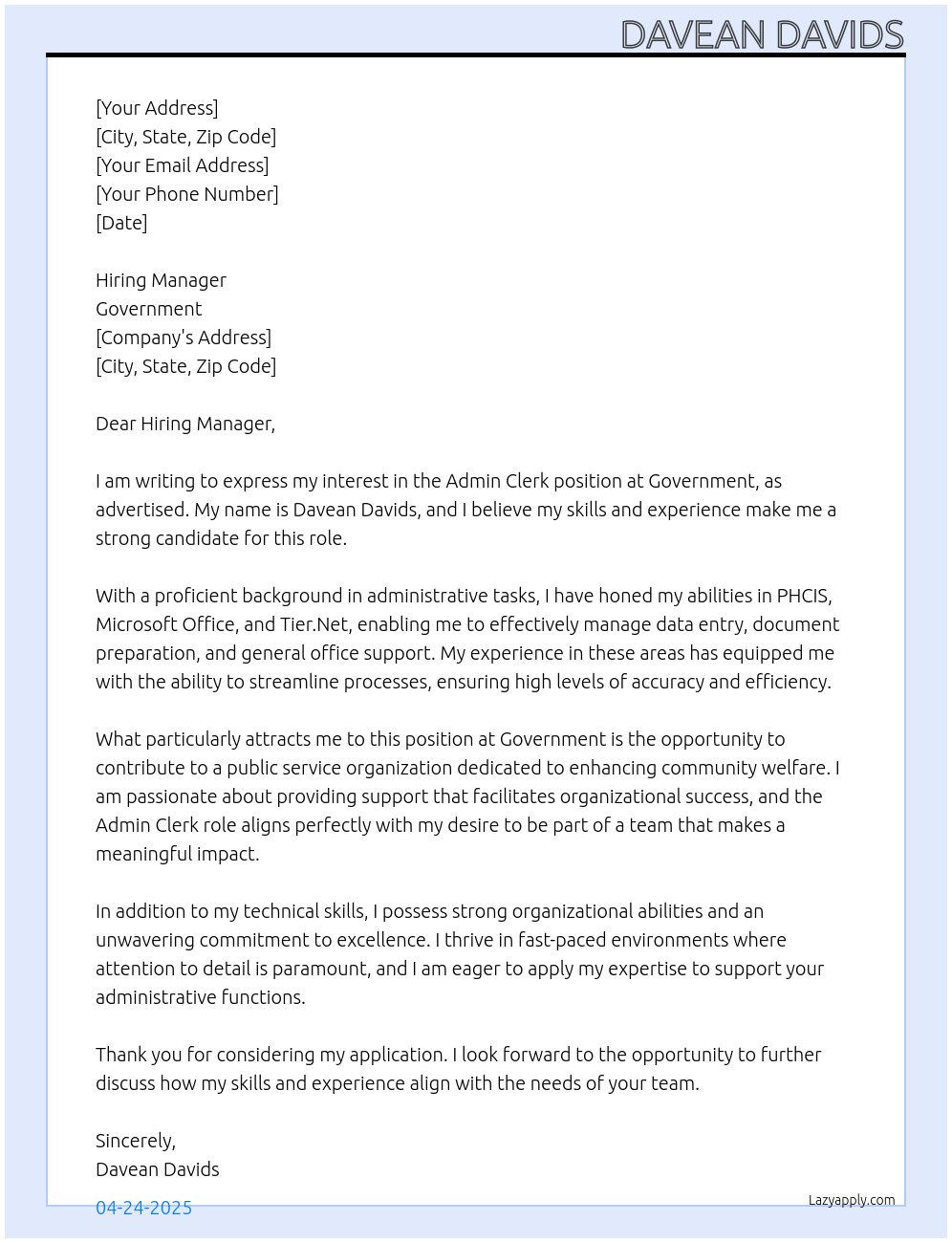 Admin Clerk At Goverment Cover Letter