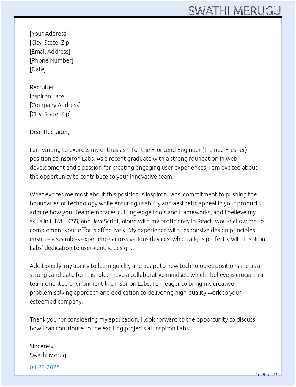 Frontend Engineer (Trained Fresher) At Inspiron Labs Cover Letter