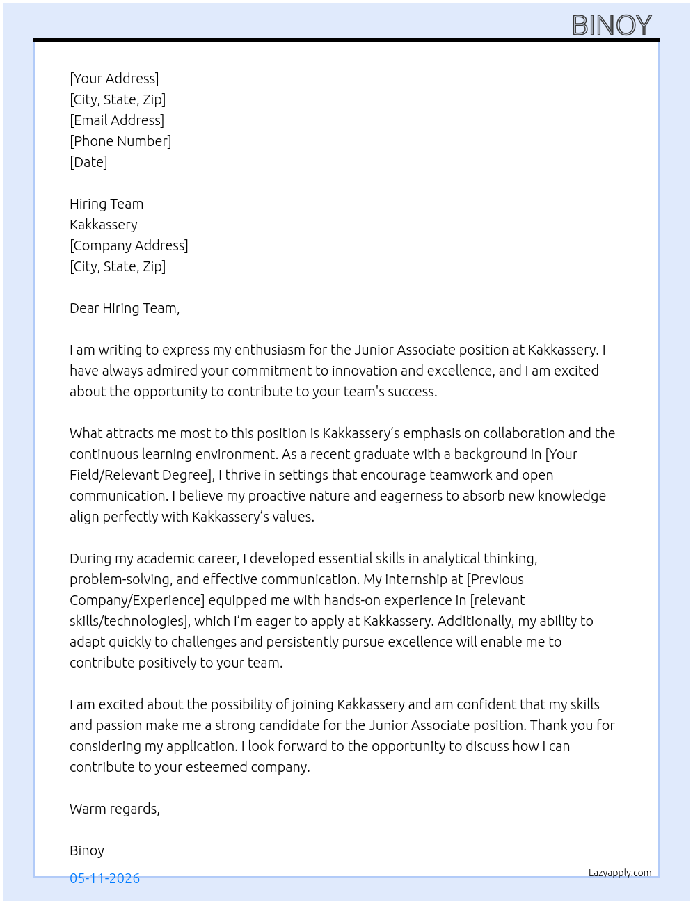 Junior Associate At Kakkassery Cover Letter