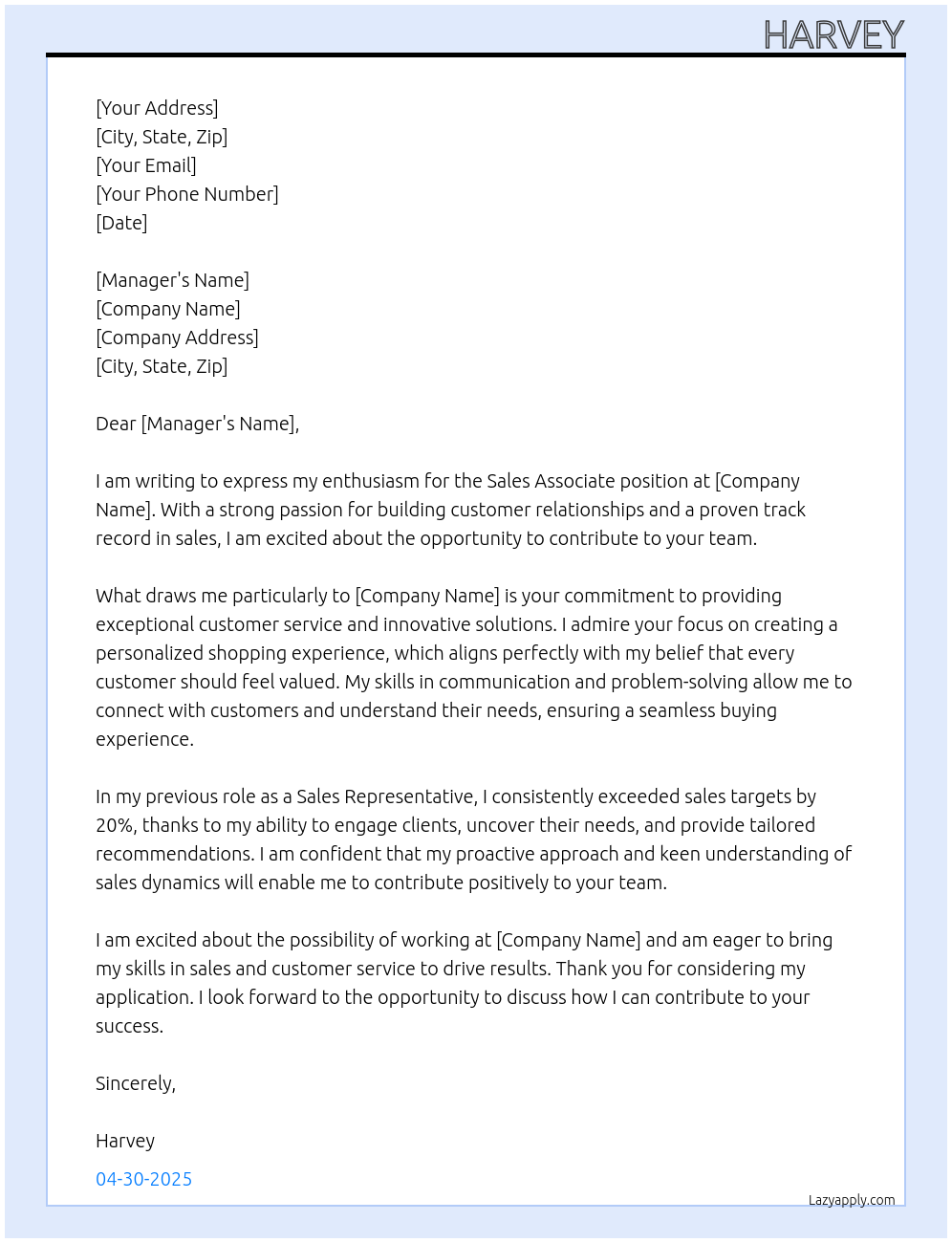 sales associate At any Cover Letter