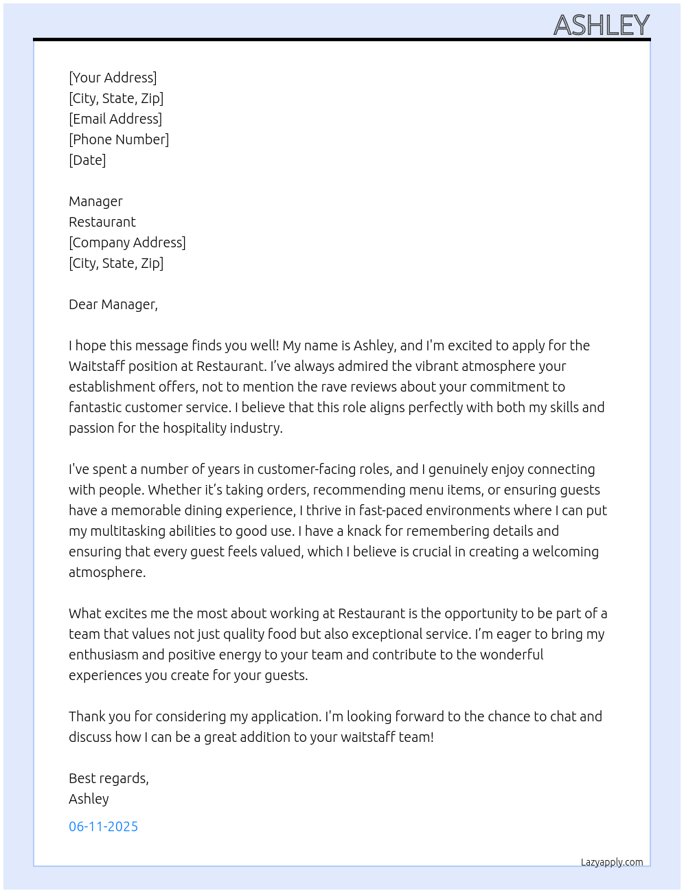 Waitstaff At restaurant Cover Letter