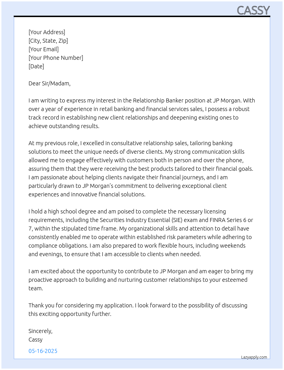 Cover letter for relationship banker - LazyApply