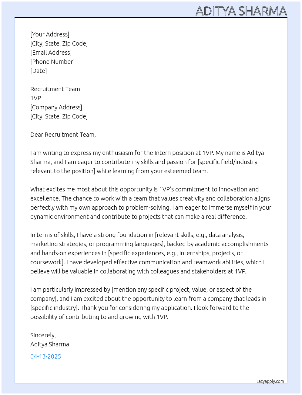 Intern At 1VP Cover Letter