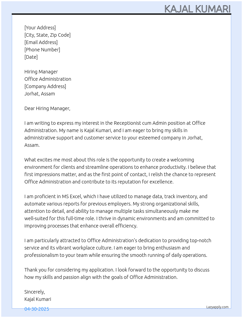 Receptionist cum Admin  At Office administration  Cover Letter