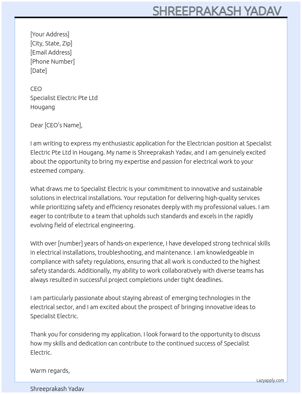 Electrician At Specialist electric pte ltd hougang Cover Letter