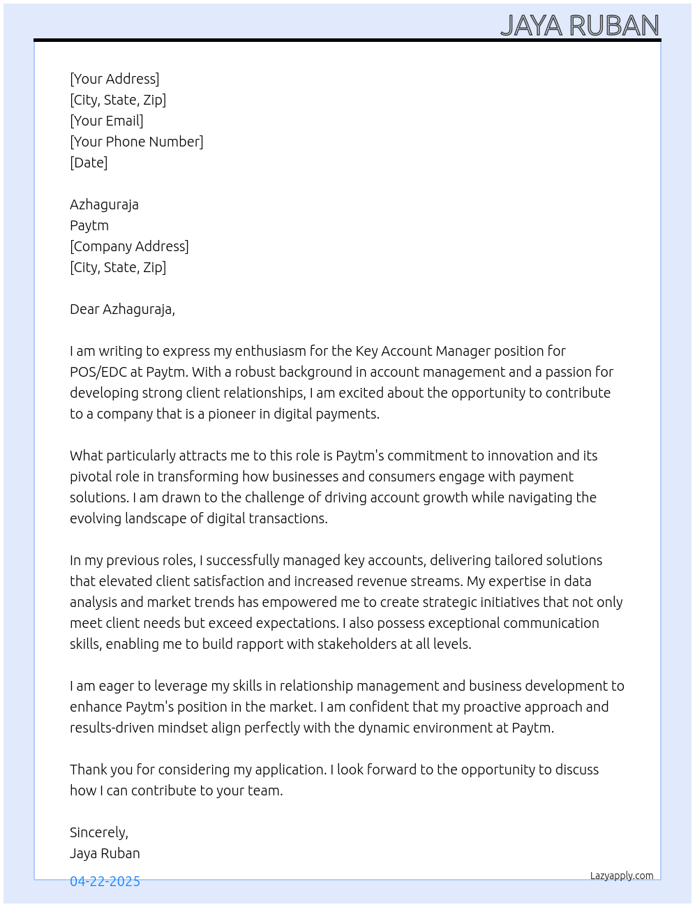 Key account manager for POS/EDC At Paytm Cover Letter