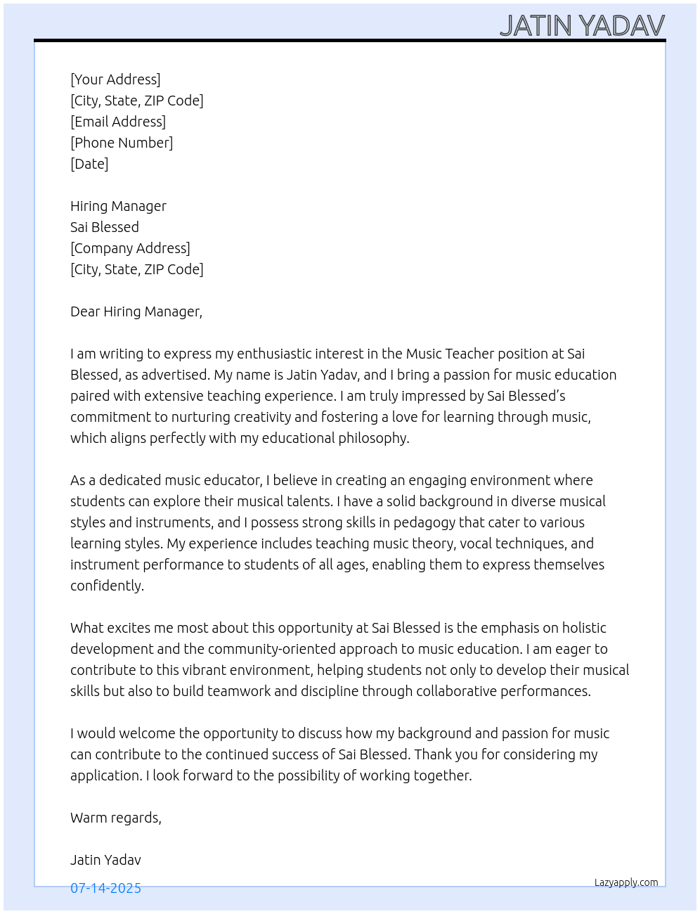 Cover letter for music teacher - LazyApply
