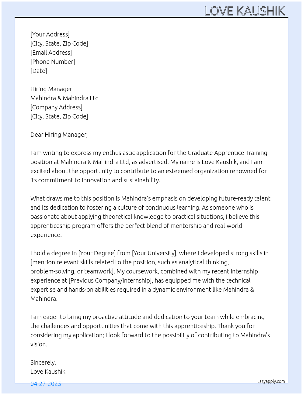 Cover letter for graduate apprentice training - LazyApply