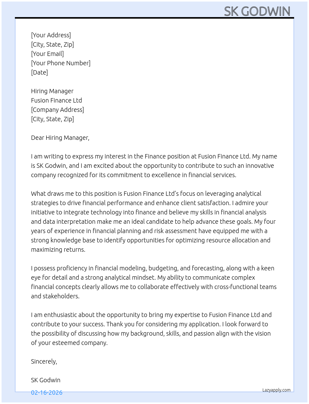 Finance  At Fusion finance Ltd  Cover Letter