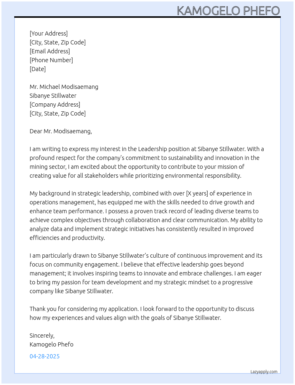Cover letter for leadership - LazyApply