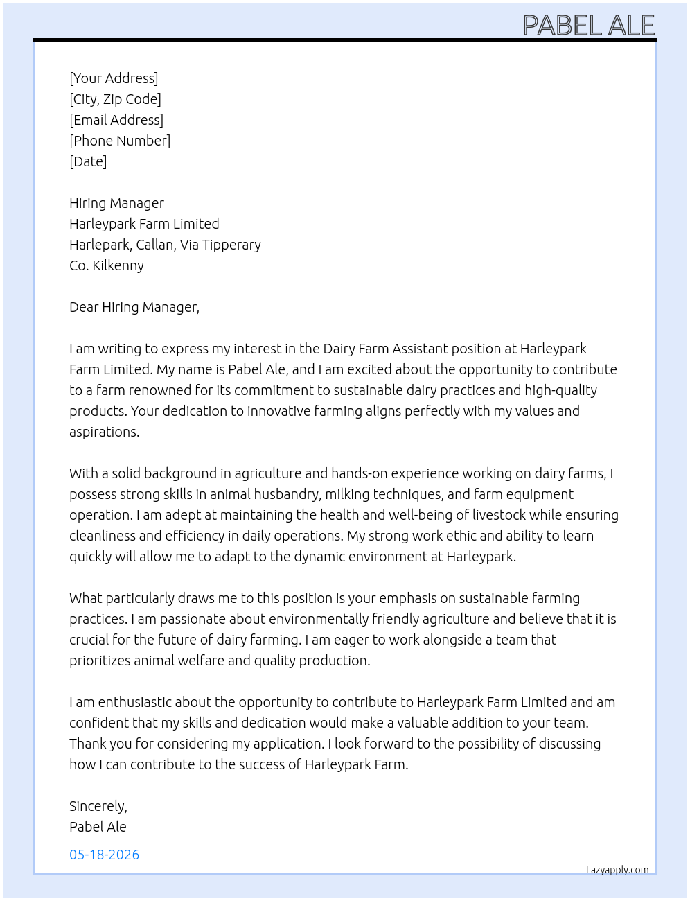 Dairy Farm Assistant At Harleypark Farm Limited Cover Letter