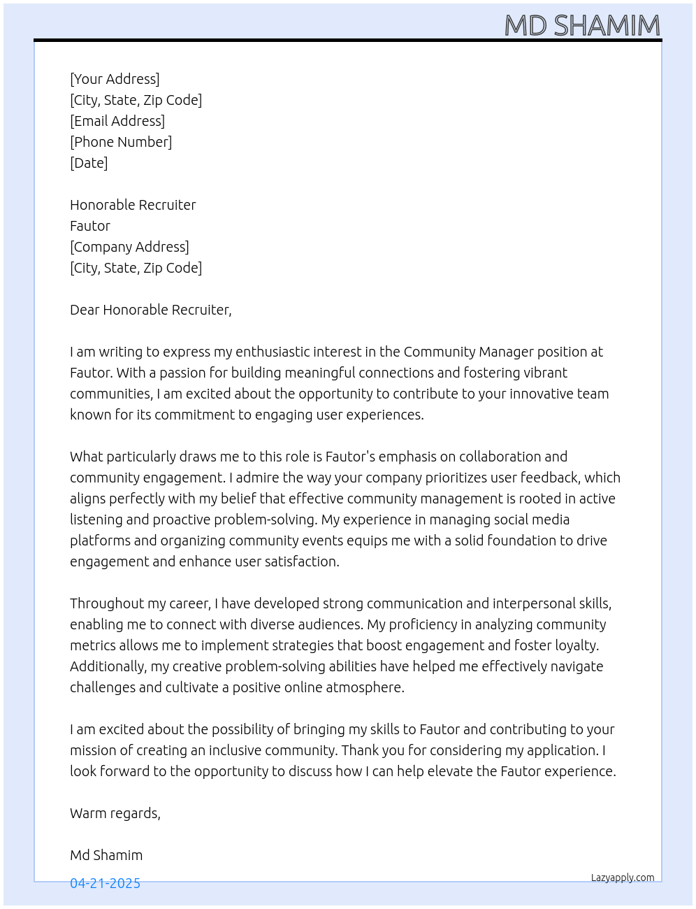 Community Manager At Fautor Cover Letter