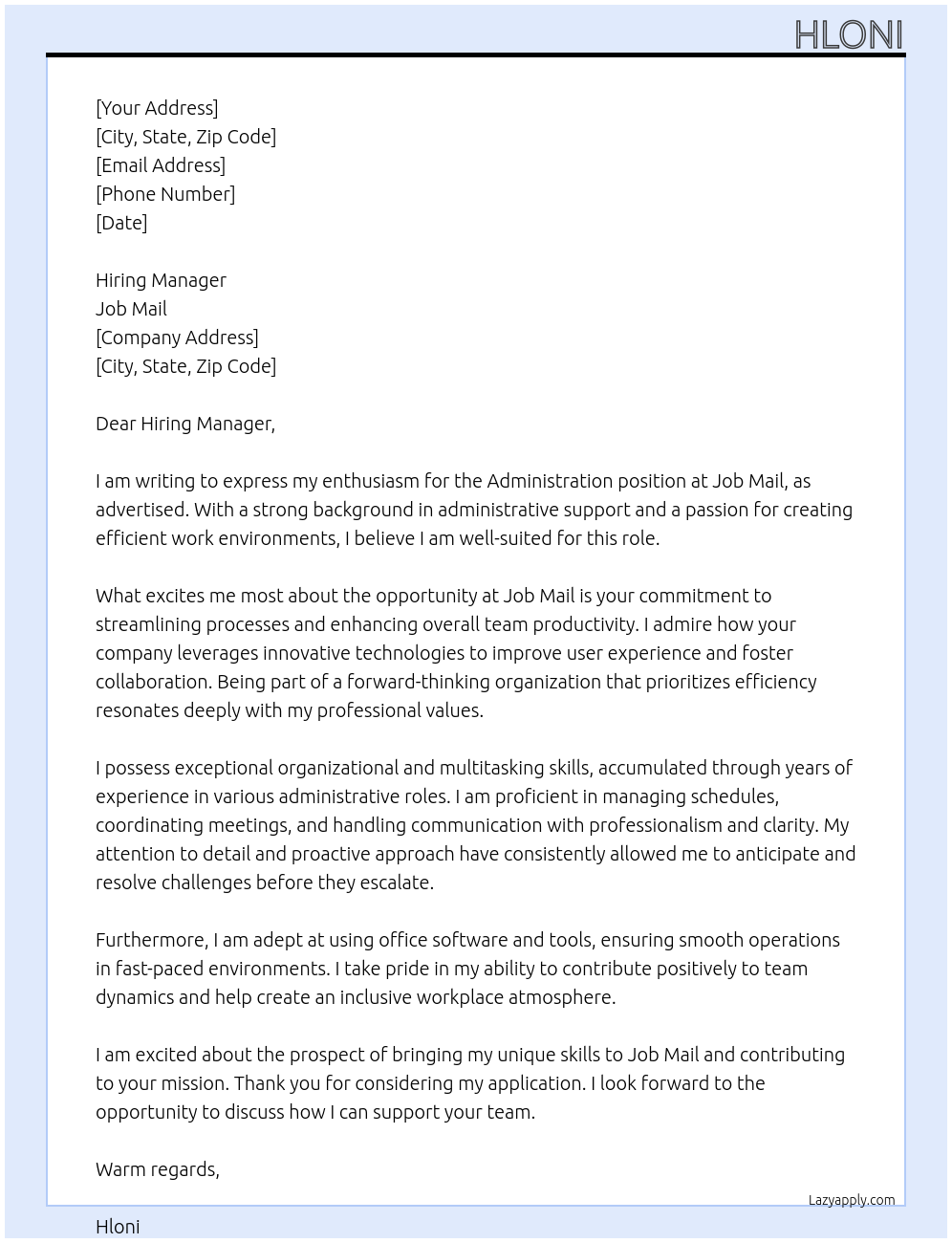 Administration At Job mail Cover Letter