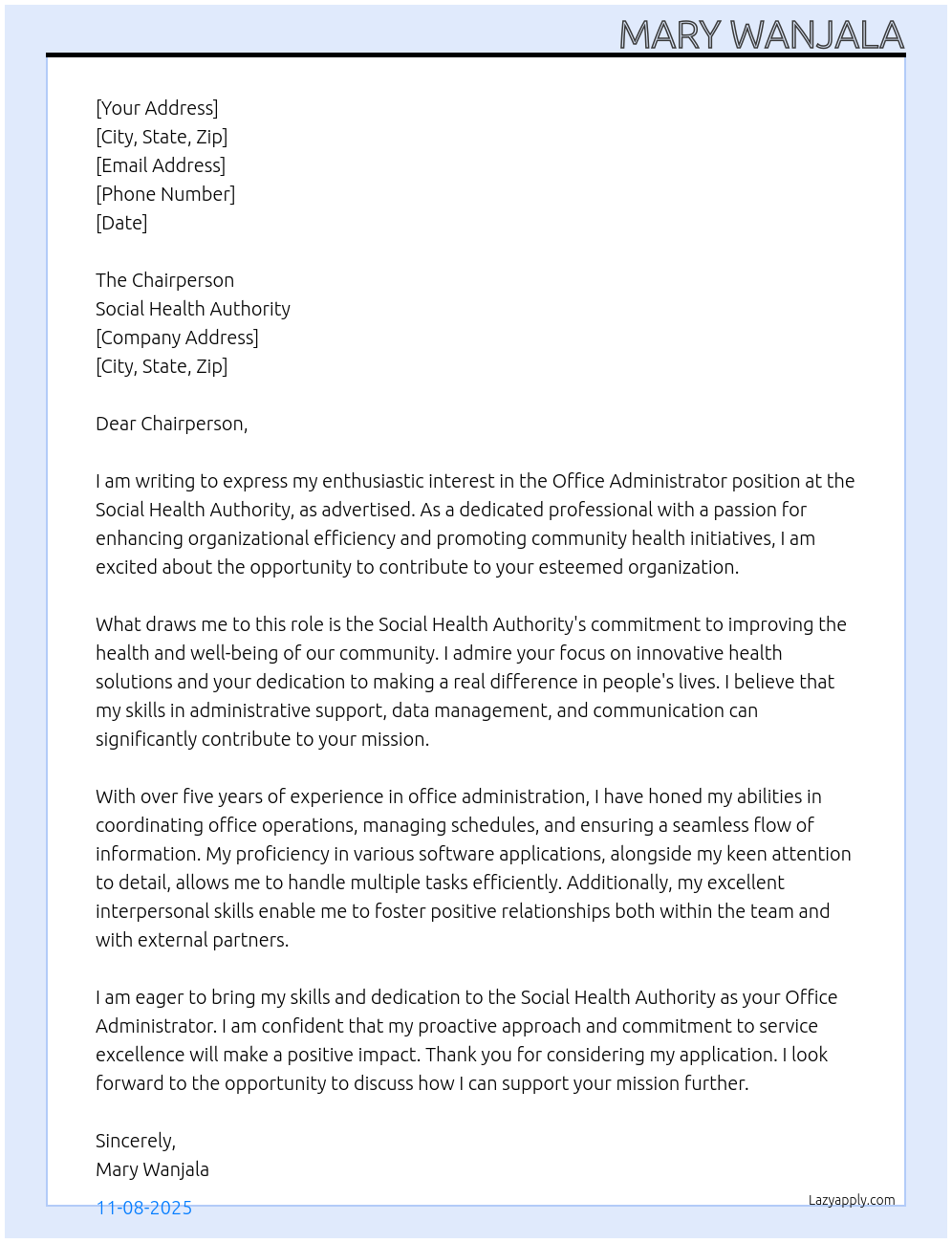 Cover letter for office administrator - LazyApply