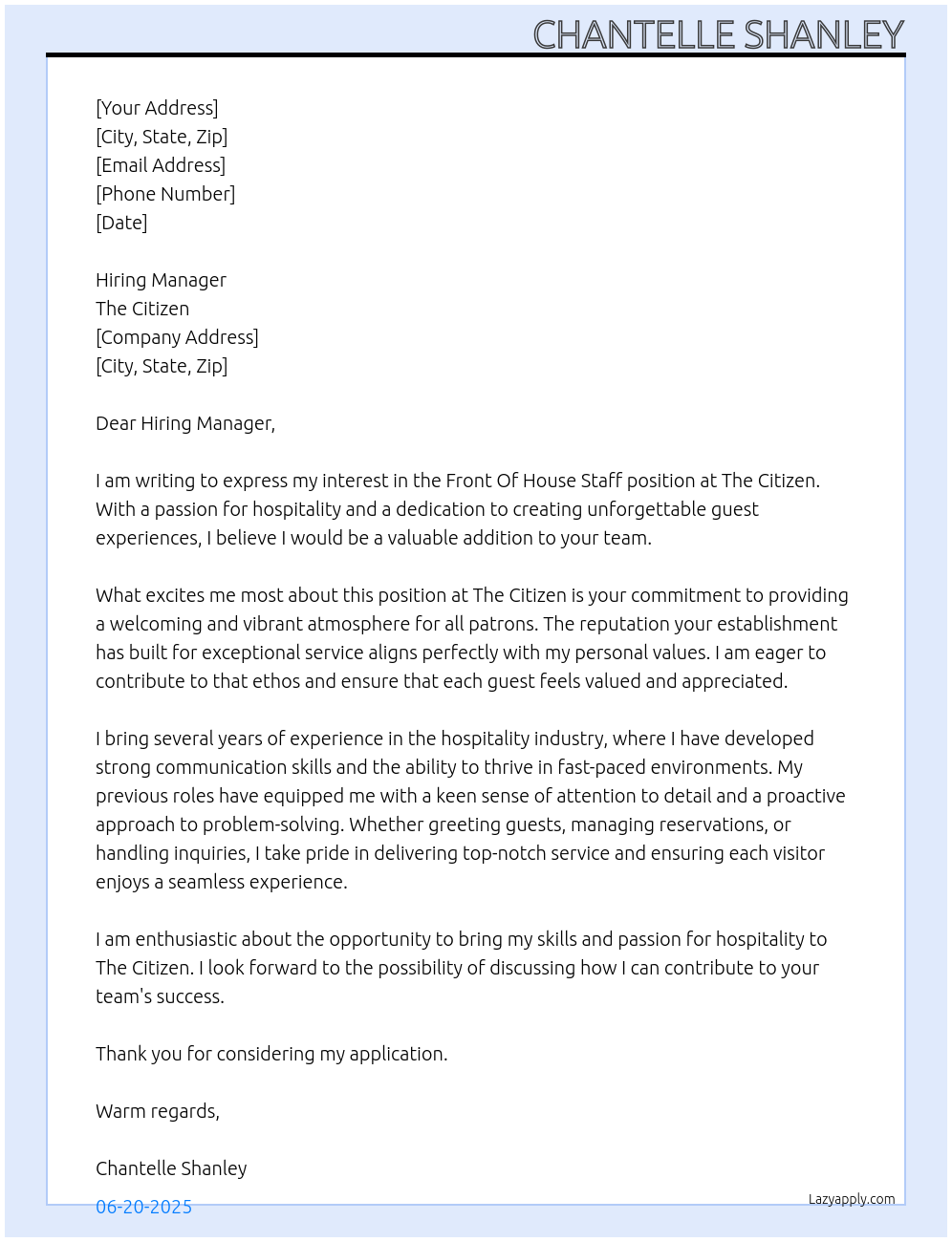 Cover letter for front of house staff - LazyApply