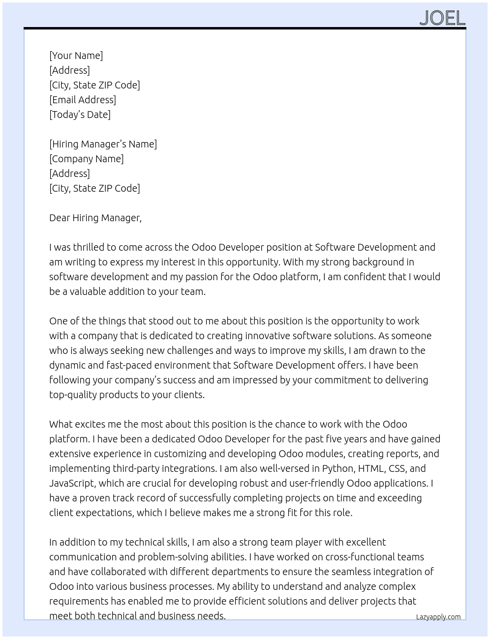 Cover letter for odoo developer - LazyApply