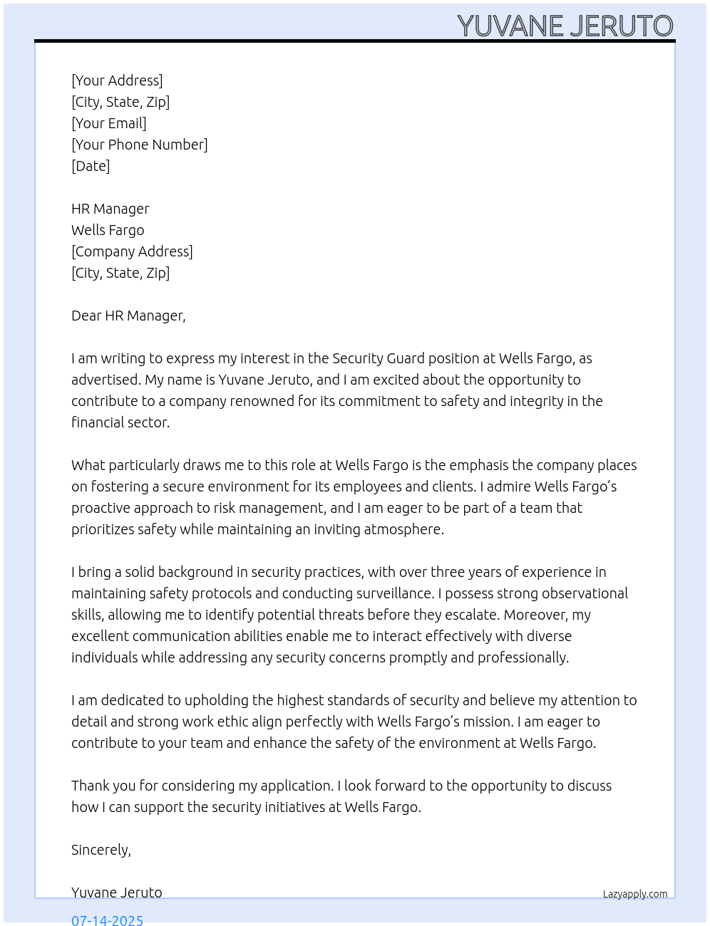 Security guard At Wells fargo Cover Letter