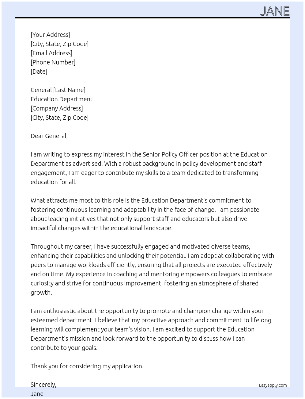 Senior Policy Officer At Education Department Cover Letter