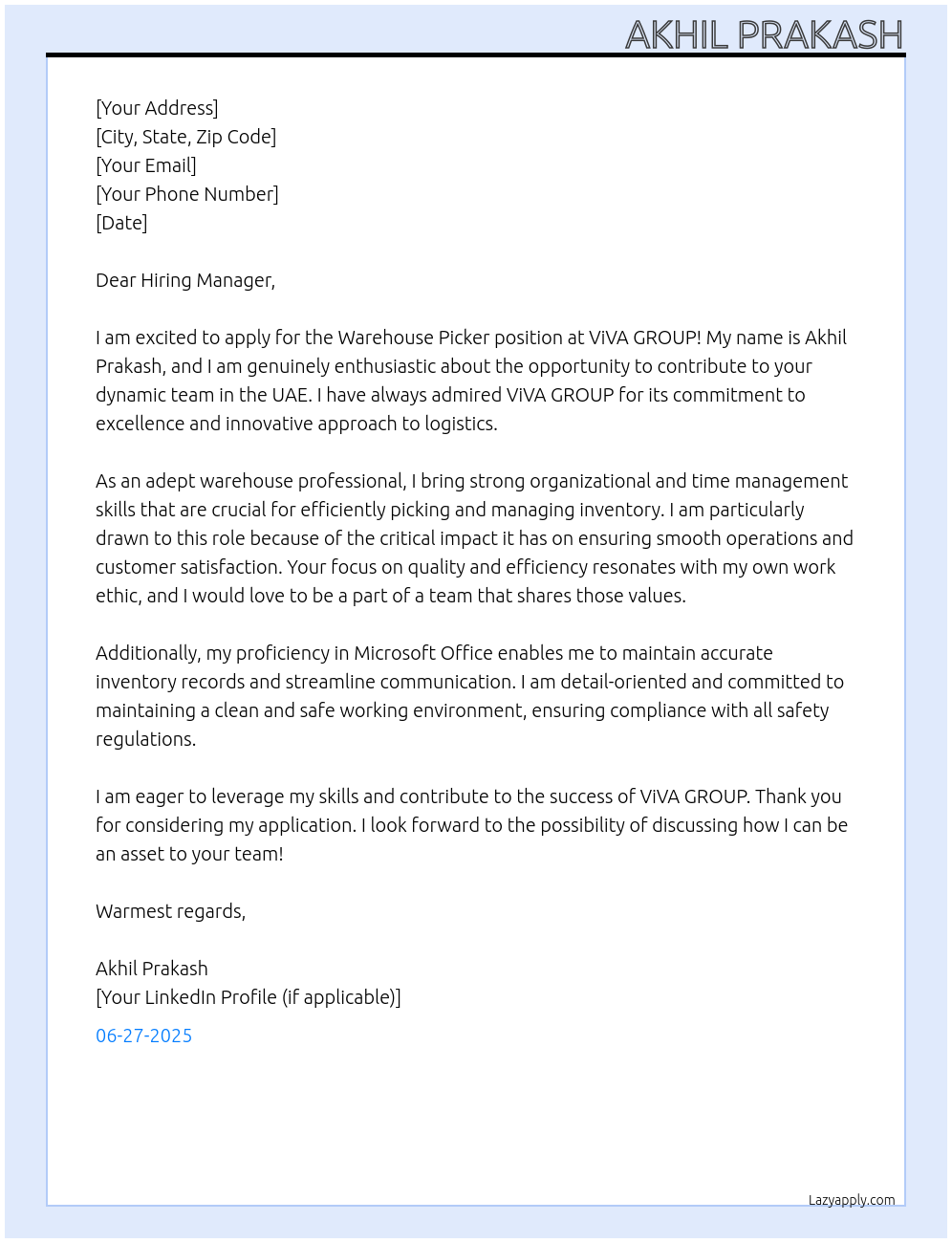 Warehouse Picker At ViVA GROUP  Cover Letter