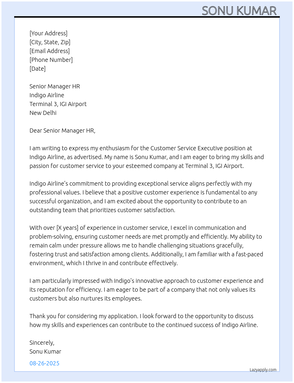 Customer service executive At Indigo Airline Cover Letter