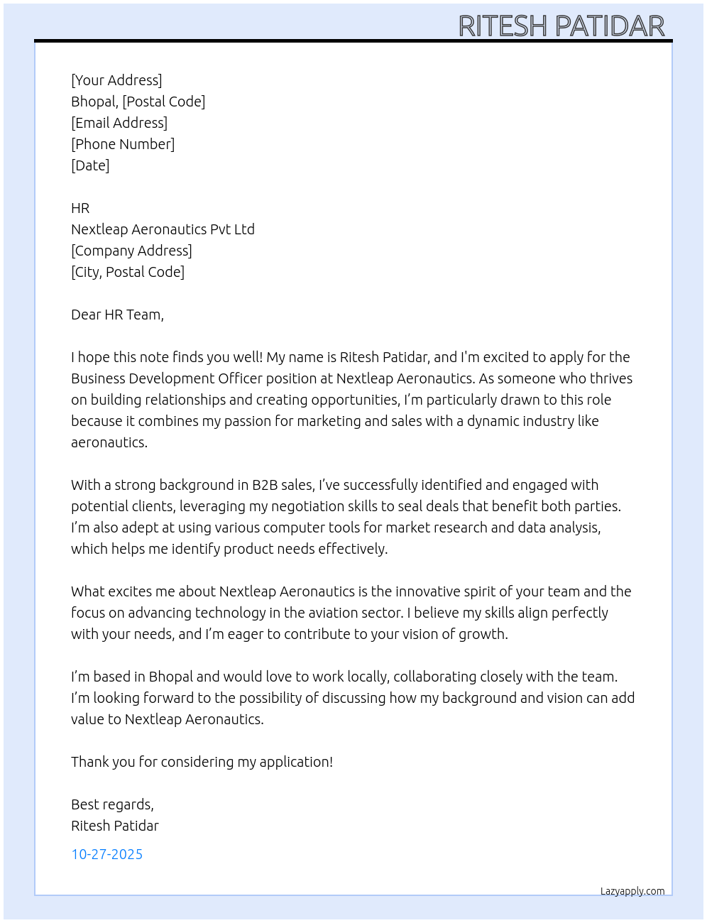 Cover letter for business development officer - LazyApply