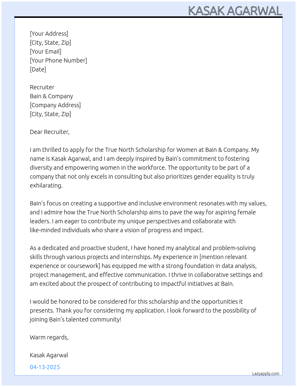 true north scholarship for women At bain Cover Letter