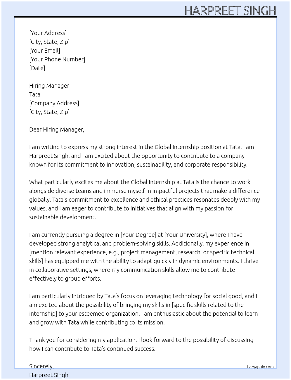 Global internship At Tata Cover Letter