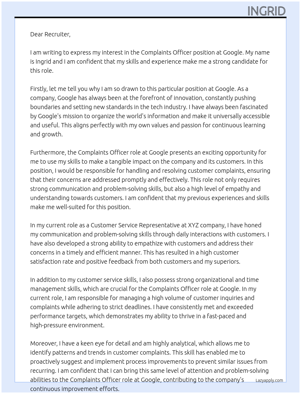 Complaints officer At Google Cover Letter