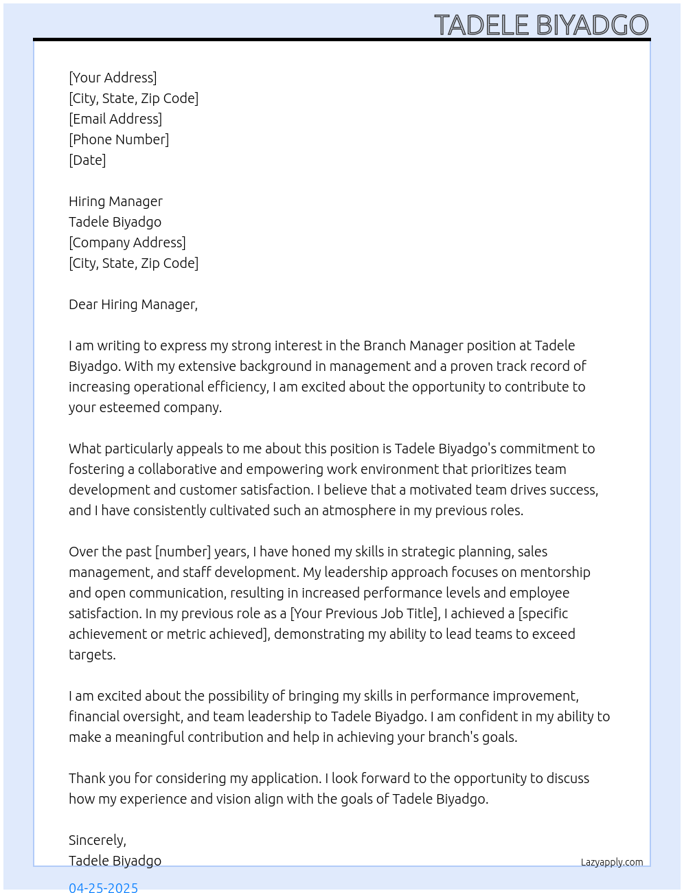 branch manager At Tadele Biyadgo Cover Letter