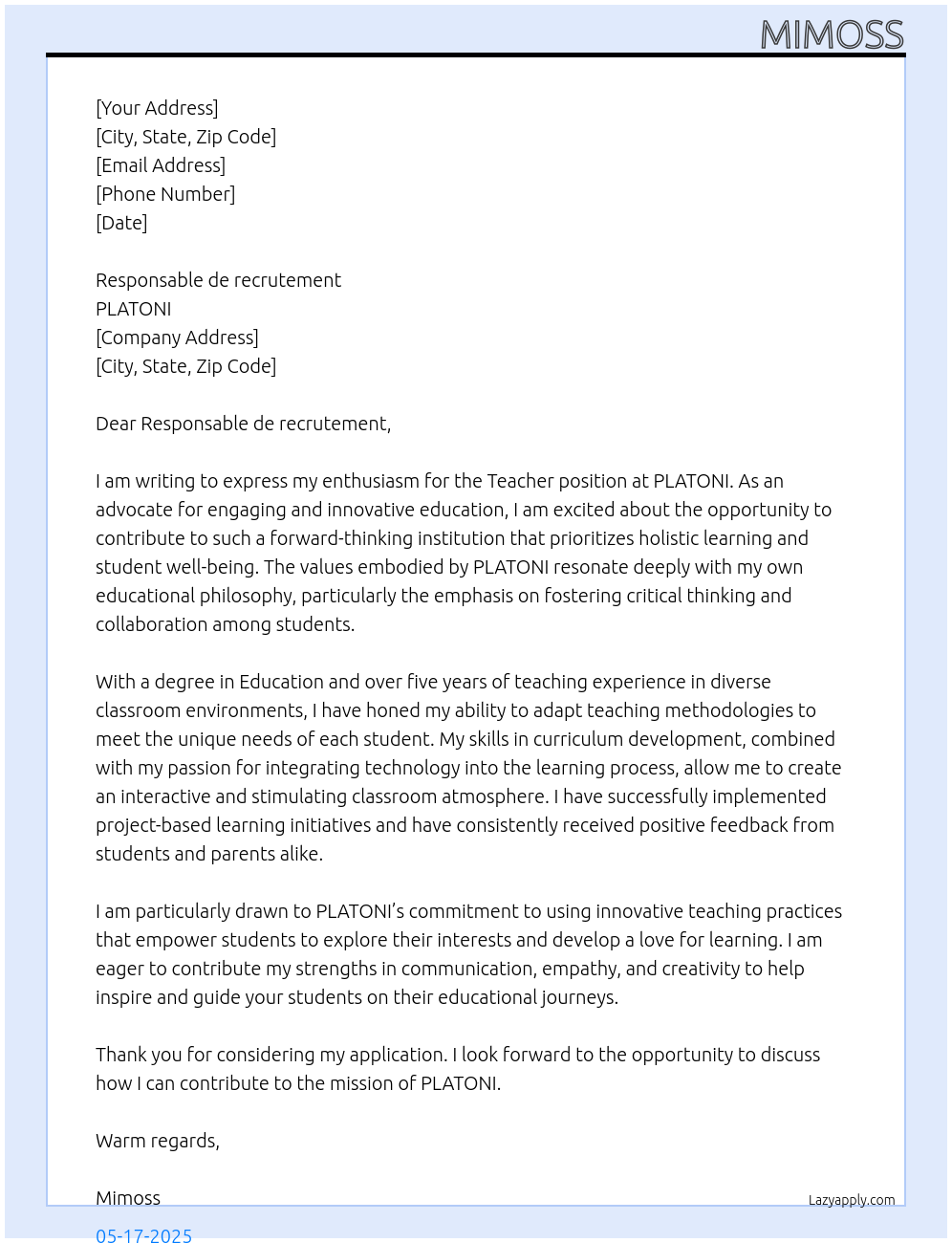 Teacher At PLATONI Cover Letter
